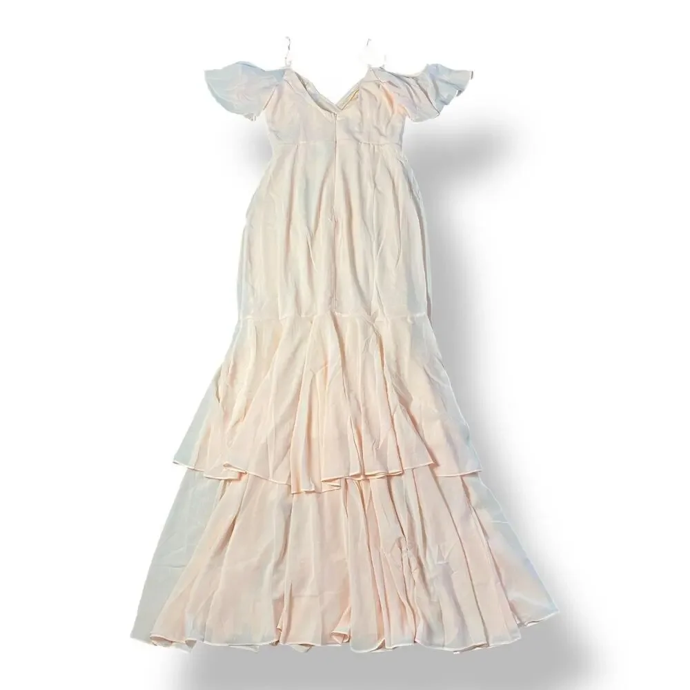 Lulus NWT Brilliant Perfection Blush Pink Cold-Shoulder Tiered Maxi Dress Size S